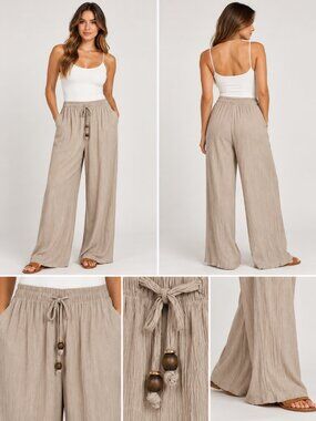 Zara Beige Crinkle Wide Leg Drawstring Pants Size L Boho Coastal